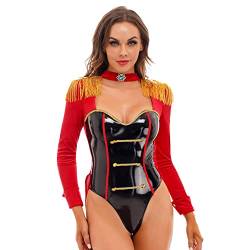 dPois Damen Sexy Bodysuit Zirkus Kostüm Einteiler Body Trikot Pailletten Lackleder Trikot mit Quasten Schulterstück Fasching Karneval Halloween Kostüm Rot&Schwarz G M von dPois