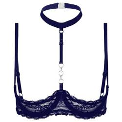 dPois Damen Sexy Hebe BH Offen Brust Spitze Ouvert Push Up Neckholder Top Oberteil Büstenhebe Dessous Lingerie Unterwäsche Erotik Reizwäsche Navy blau_E L von dPois