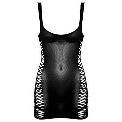 dPois Damen Sexy Minikleider Mesh Netzkleid Ämrellos Transparent Babydoll Bodycon Kleid mit U-Ausschnitt Erotische Nachtwäsche Negligee A Schwarz One Size von dPois