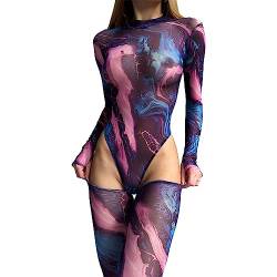 dPois Damen Transparent Bodysuit Sexy Einteiler Body Stringbody Langarm Overall Hoher Beinausschnitt Sexy Batik Unterwäsche Dessous Stretch A Violett M von dPois