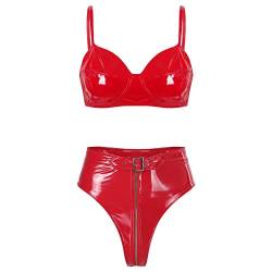 dPois Damen Wetlook Dessous Set Neckholder BH Top Weste mit Shorts/Rock Hotpants Minirock Eng Lack Leder Party Gogo Club Wear Rot B XL von dPois