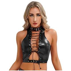 dPois Damen Wetlook Korsett Top Sexy Tank Top Bustier Leibchen Ärmellos Shirt Bauchfrei mit Schnürung Lack Leder Dessous Unterwäsche Party Nachtclub Kostüm Schwarz G M von dPois