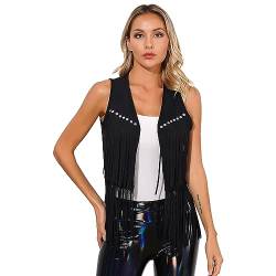 dPois Damen Wildleder Weste mit Fransen Ärmellos Jacke Cardigan Ethnisch Weste Vest Vintage 70er 80er Hippie Kostüm Halloween Fasching Schwarz L von dPois