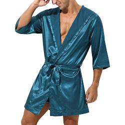 dPois Herren Bademantel Kurz Satin Morgenmantel Pyjama Kimono Robe mit Gürtel Kurzarm Sexy Nachthemd Sommer Nachtwäsche Sleepwear Blaugrün mit Kapuze&Shorts M von dPois