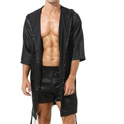 dPois Herren Bademantel Kurz Satin Morgenmantel Pyjama Kimono Robe mit Gürtel Kurzarm Sexy Nachthemd Sommer Nachtwäsche Sleepwear Schwarz mit Kapuze L von dPois