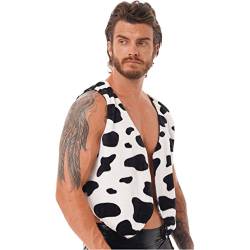 dPois Herren Cowboy Weste Ärmellos Jacke Oberteil Kuh Muster V-Ausschnitt Weste Offene Vorne Flanell Top Männer Halloween Fasching Cosplay Kostüm Schwarz L von dPois