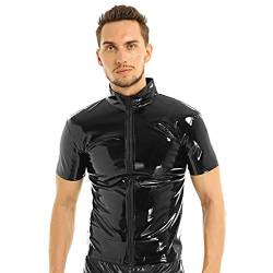 dPois Herren Lack Leder Tops Hemd Shirt Jacke mit Reißverschluss Stehkragen Kurzarm Oberteil Slim Fit Latex Gogo Party Clubwear Schwarz XXL von dPois