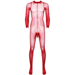 dPois Herren Sexy Transparent Body Einteiler Overall Bodystockings Nylon Strumpfhose Ganzkörper mit offener Penishülle Dessous Reizwäsche Rot OneSize von dPois