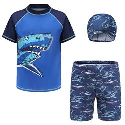 dPois Jungen Badebekleidung 3tlg. Bademode Set Badeshirt Kurzarm Oberteil mit Badeshorts Schwimmhose Badekappe Sonnenschutz Sommer Swimsuit Hai Druck 140-146/10-11 Jahre von dPois