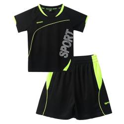 dPois Kinder Jungen Trainingsanzug Kurz Sport Fussball Laufen Outfits Trikots Shirt Kurzarm mit Boxershorts Shorts Zweiteiler Sportanzug Sommer Schwarz 146-152/11-12 Jahre von dPois