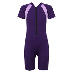 dPois Kinder Mädchen Badeanzug Kurzarm Schwimmanzug Rash Guard Shorts mit Reißverschluss Einteiler Swimwear für Wassersport Schwimmen Training Violett 122-140/8-10 Jahre von dPois