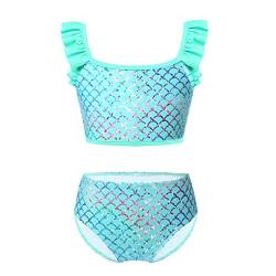 dPois Kinder Mädchen Meerjungfrau Bikini Badeanzug Glitzernd Fischschuppen Gedruckt Bikinioberteil mit Badeslip Sommer Bademode Beachwear Grün 110-116/5-6 Jahre von dPois