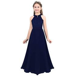 dPois Mädchen Ärmellos Prinzessin Kleid Blumenmädchen Kleid Hochzeit Spitzen Festlich Lang Kinder Abschlussball Kleid Abendkleid Partykleid Gr.106-176 Navy Blau 152/12 Jahre von dPois