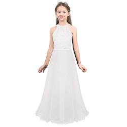 dPois Mädchen Ärmellos Prinzessin Kleid Blumenmädchen Kleid Hochzeit Spitzen Festlich Lang Kinder Abschlussball Kleid Abendkleid Partykleid Gr.106-176 Weiß 176/16 Jahre von dPois