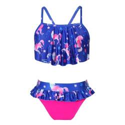 dPois Mädchen Bikini Set Zweiteiler Badeanzug Bademode Tank Top Bustier mit Volant Rüschen Bikinihose Badeslip Einhörner Druck Kleinkind Sommer Swimsuit Royal Blau 122-128/7-8 Jahre von dPois