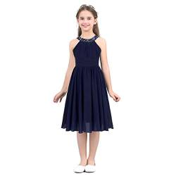 dPois Mädchen Chiffon Kleid Festlich Prinzessin Kleid Blumenmädchen Kleid Neckholder mit Strass Brautjungfernkleid Gefüttert Kinder Party Festzug Gr. 104-164 Marineblau 164/14 Jahre von dPois