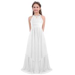 dPois Mädchen Festliches Kleid Abendkleid Maxikleid Neckholder Empire Kleid Festlich mit Strass Verziert aus Chiffon Unregelmäßig für Hochzeit Party Taufe Weiß 140/10 Jahre von dPois