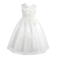 dPois Mädchen Hochzeit Kleider Weiss Taufkleid Blumenmädchen Kleid Ärmellos Kommunionkleider mit Spitze Geburtstag Party Elegant Kinder Outfits A Weiß 134-140/9-10 Jahre von dPois