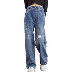 dPois Mädchen Jeans Hose Straight Leg Pants Jeanshose Lange Hose Schlaghose Locker mit Gummizug Kinder Teenager Sommer Frühling Herbst Blau_B 134-140/9-10 Jahre von dPois