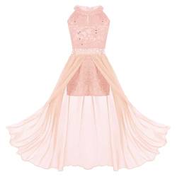 dPois Mädchen Kleid Festlich Hochzeit Kleid Blumenkinder Lang Chiffon Kleid Prinzessin Kleid Partykleid Festzug Abendkleid Cocktailkleid Gr.116-164 Coral 152/12 Jahre von dPois