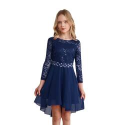 dPois Mädchen Langarm Spitzen Kleid Festlich Hochzeit Partykleid Blumenmädchenkleid Rundhals Elegant Kinder Geburtstag Festzug Outfit Navy blau 122-128 von dPois