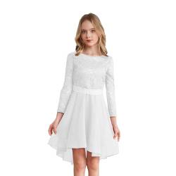 dPois Mädchen Langarm Spitzen Kleid Festlich Hochzeit Partykleid Blumenmädchenkleid Rundhals Elegant Kinder Geburtstag Festzug Outfit Weiß 134-140 von dPois