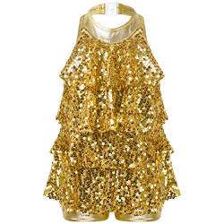 dPois Mädchen Tanzkleid Latein Salsa Kleid Neckholder Tanzanzug Pailletten Volantkleid Unitard Jumpsuit mit Shorts Giltzernde Tanz Bühne Auftritt Kostüm Gold 134-140/9-10 Jahre von dPois