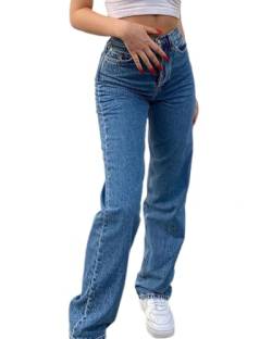 dalamirra Damen Jeans Casual Hosen Hohe Taille Jeans Gerade Breites Bein Cargo Hosen Lose Casual Hosen Streetwear Y2k Vintage Baggy Jeans Weites Bein Denim Hosen von dalamirra