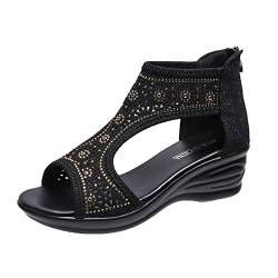 Damen Sandalen mit Absatz Ladies Shoes Rhinestone Platform Wedge Sandals Back Zipper Roman Sandals reduziert Comfort Blockabsatz für Party von dasg