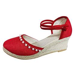 Sommer-Damen-Resort-Stil mit Blumenmuster, gesticktes Muster, Keilpantoffeln, geflochtene Perlenabsätze, Damen-Sandalen mit hohem Absatz von dasg