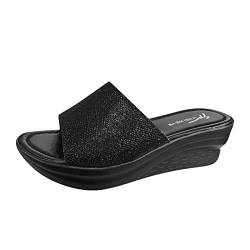 Sommer Damenmode Wedges Open Toe Dicke Sohlen Römische Hausschuhe Sandalen Schwarz Pailletten Leder Silber Weiß Sweet Comfort Wedge Summer Slippers von dasg