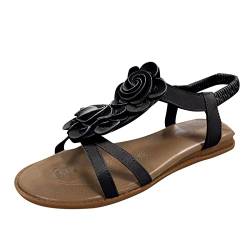 Sommer Sandalen Damen Sandalen Boho-Stil Blume Flacher Boden Freizeit Strandschuhe Schwarz Glitzer Leder Braun Sommerschlussverkauf 39 von dasg