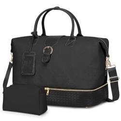 Reisetasche für Damen, PU-Leder, Reisetasche mit Schuhfach und Kulturbeutel, Schwarz, Large-40L, Reisetasche von densata