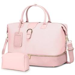 Reisetasche für Damen, Wochenendtaschen, Reisetasche, PU-Leder, Handgepäcktasche mit Schuhfach, Nassfach und Kulturbeutel, passend für 15,6 Zoll Laptop, Pink, Large, Reisetasche von densata
