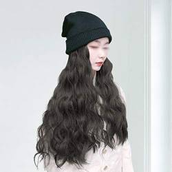 Hat with Long Curly Body Hair Wig Winter Warm Knitted Hat Synthetic Hair Cotton Cap Wig Natural Fake Hair for Women (Color : Light Brown) (Natural Black) von dfghjdfgas