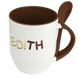 Namenstasse Edith - Löffel-Tasse mit Namens-Motiv Schokoladenbuchstaben - Becher, Kaffeetasse, Kaffeebecher, Mug - Braun von digital print