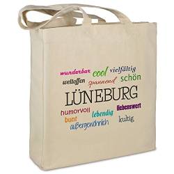 Stofftasche mit Stadt/Ort "Lüneburg " - Motiv Positive Eigenschaften - Farbe beige - Stoffbeutel, Jutebeutel, Einkaufstasche, Beutel von digital print