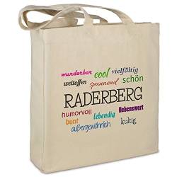 Stofftasche mit Stadt/Ort "Raderberg " - Motiv Positive Eigenschaften - Farbe beige - Stoffbeutel, Jutebeutel, Einkaufstasche, Beutel von digital print