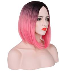 Damen Perücke Ombre Rosa Schwarz Kurz Kunsthaar Gerade Glatt Bob Wig Atmungsaktiv für Weihnachten Kostüm Cosplay Fasching Karneval Party ca. 15 Zoll von Discoball von discoball