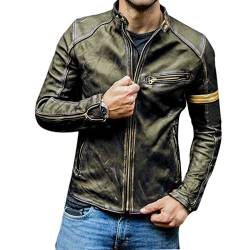 domorebest Herren Vintage Distressed Biker Lederjacke mit gelben Streifen Schmale Freizeitjacken mit Reißverschluss und Tasche von domorebest