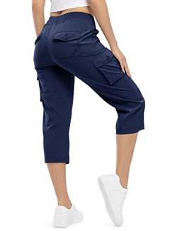 dohobo Damen Cargo Caprihose Wanderhose Leicht Schnell trocknend Atmungsaktiv Outdoor Athletisch Reisen Lässig Locker Bequem 3/4 Lange Hose mit Taschen (Marine, XS) von donhobo