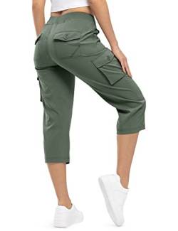 donhobo Damen 3/4 Hose Cargo Shorts Wanderhose Leichte Schnelltrocknende Outdoorhose Trekkinghose Camping Sommer Atmungsaktiv Funktionshose (Armeegrün, XXL) von donhobo