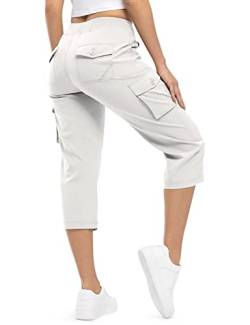 donhobo Damen Cargo Capris Hose mit 6 Taschen Leichte Schnell trocknende Outdoor Wanderhose Sommer Camping Casual Shorts Cropped Trekkinghose (Beige, L) von donhobo