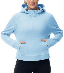 donhobo Damen Half Zip Pullover Langarm Sweatshirts 1/2 Reißverschluss Hoodies Fleece Gefüttert Kapuzenpullover Herbst Winter Bluse Tops, Hellblau, 3XL von donhobo