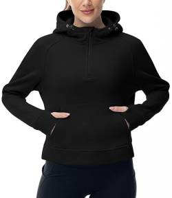 donhobo Damen Kapuzenpullover Fleece Gefüttert Kragen Pullover 1/2 Reißverschluss Sweatshirts Langarm Crop Tops Pullover Daumenloch, Schwarz, XL von donhobo