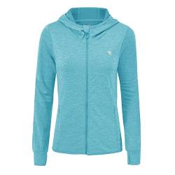 donhobo Damen Langarm Fitness Laufjacke voll Reißverschluss Sportjacke Leichte Atmungsaktiv Kapuzenjacke mit Daumenloch und Seitentasche (Himmelblau, S) von donhobo