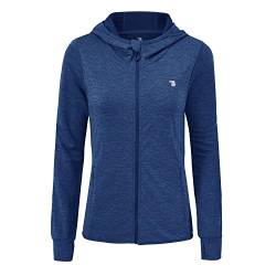 donhobo Damen Laufjacke Kapuzenjacke Langarm Sportjacke Leicht Trainingsjacke Full Zip Atmungsaktive Fitness Sweatjacke mit Daumenloch und Seitentasche (Blau, M) von donhobo