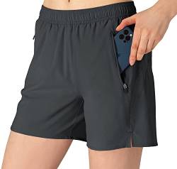 donhobo Damen Sport Shorts Kurze Hose Yoga Fitness Gym Shorts Laufshorts mit Reißverschlusstasch (Dunkelgrau, XL) von donhobo