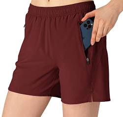 donhobo Damen Sport Shorts Schnell Trocknend Kurze Hose Yoga Fitness Gym Shorts Laufshorts mit Reißverschlusstasch (Weinrot, M) von donhobo