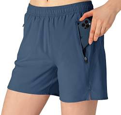 donhobo Damen Sweat Shorts Sport Kurze Hose Yoga Trainingsshorts für Laufsport mit Reißverschlusstaschen (Grau Blau, L) von donhobo